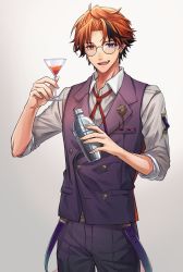 Rule 34 | 1boy, :d, ahoge, alternate eye color, belt, bespectacled, black hair, blouse, blue eyes, buttons, cocktail glass, cocktail shaker, collared shirt, cowboy shot, cup, drink, drinking glass, fang, glasses, grey background, grey shirt, heterochromia, highres, holding, holding cup, holding shaker, holostars, lapel pin, looking at viewer, male focus, mole, mole under eye, multicolored hair, n@o (nao), neck ribbon, open collar, open mouth, orange eyes, orange hair, pants, parted bangs, purple pants, purple vest, red ribbon, ribbon, round eyewear, shirt, short hair, simple background, sleeves rolled up, smile, solo, standing, streaked hair, vest, virtual youtuber, yukoku roberu