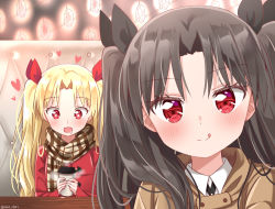Rule 34 | + +, 2girls, :q, aro 1801, black hair, black ribbon, blonde hair, blush, booth seating, brown coat, coat, coffee cup, commentary request, cup, disposable cup, drooling, duffel coat, ereshkigal (fate), facing viewer, fate/grand order, fate (series), hair ribbon, head tilt, heart, ishtar (fate), lantern, long hair, looking at viewer, looking down, multiple girls, open mouth, parted bangs, plaid, plaid scarf, red coat, red eyes, red ribbon, ribbon, scarf, selfie, steam, table, tongue, tongue out, twintails, twitter username, very long hair