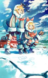 Rule 34 | 1boy, 1girl, :o, bent over, binoculars, blue sky, boots, cloud, from below, fur-trimmed boots, fur trim, hands on own knees, highres, holding, holding binoculars, kagamine len, kagamine rin, kneehighs, legs apart, looking at viewer, looking down, looking to the side, neckerchief, necktie, nunosei, open mouth, outdoors, pigeon-toed, red neckerchief, red necktie, round teeth, sky, smile, snow, snowflakes, socks, squatting, standing, teeth, upper teeth only, vocaloid, watercraft, winter, winter clothes, yuki len, yuki len (2022), yuki rin, yuki rin (2022)