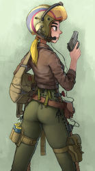 Rule 34 | 1girl, absurdres, ass, bag, bandolier, belt pouch, blonde hair, bodysuit, bomber jacket, brown jacket, cable, commentary, commentary request, cross-laced clothes, duffel bag, english commentary, green background, green bodysuit, gun, handgun, headset, helmet, highres, holding, holding gun, holding weapon, holster, jacket, low ponytail, medium hair, military, military uniform, mixed-language commentary, original, pantylines, pilot suit, pistol, pouch, rifleman1130, skindentation, solo, standing, thick eyebrows, thigh holster, trigger discipline, uniform, visor lift, weapon
