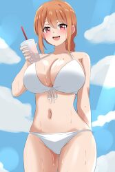 Rule 34 | 1girl, :d, bikini, blue sky, blush, breasts, cleavage, cloud, commentary, cup, dars (recolors), day, disposable cup, drink, drinking straw, hair between eyes, highres, holding, holding cup, holding drink, large breasts, navel, open mouth, orange hair, outdoors, red eyes, sky, smile, solo, swimsuit, teeth, upper teeth only, white bikini, yahari ore no seishun lovecome wa machigatteiru., yuigahama yui&#039;s mother