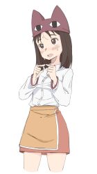 Rule 34 | 1girl, absurdres, azumanga daiou, blush, brown eyes, brown hair, buttons, cat hat ornament, collared shirt, head tilt, highres, index fingers together, kasuga ayumu, long sleeves, looking to the side, medium hair, nervous, open mouth, shirt, simple background, skirt, solo, standing, sweat, upper body, waitress, white background, white shirt, zlix0n