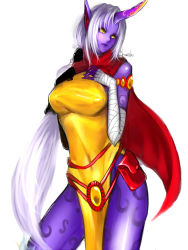 Rule 34 | 1girl, bandages, belt, breasts, colored sclera, colored skin, dress, highres, horns, kumiko shiba, large breasts, league of legends, lips, long hair, pointy ears, ponytail, pouch, purple skin, scarf, side slit, single horn, solo, soraka (league of legends), very long hair, white hair, yellow dress, yellow eyes, yellow sclera