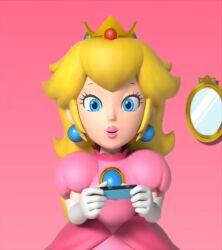 Rule 34 | 1girl, 3d, animated, blonde hair, blue eyes, brooch, crown, dress, earrings, elbow gloves, eyebrows, eyelashes, female focus, gloves, holding, jewelry, lips, long hair, looking at viewer, mario (series), nintendo, nintendo switch, nintendo switch pro controller, official art, pink dress, princess peach, smile, solo, tagme, video, white gloves