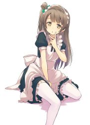 Rule 34 | 1girl, :o, apron, between legs, black dress, black ribbon, bow, commentary request, dress, garter straps, green bow, grey hair, hair bow, hand between legs, hand up, highres, long hair, love live!, love live! school idol project, maid, maid headdress, minami kotori, nanotsuki, neck ribbon, one side up, ribbon, short sleeves, sitting, solo, thighhighs, white apron, white background, white thighhighs, yellow eyes