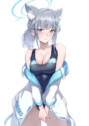 Rule 34 | 1girl, absurdres, animal ear fluff, blue archive, blue eyes, blue halo, breasts, cleavage, closed mouth, collarbone, cross, cross hair ornament, grey hair, hair ornament, halo, highres, inverted cross, jacket, large breasts, looking at viewer, mkd, official alternate costume, ponytail, shiroko (blue archive), shiroko (swimsuit) (blue archive), short hair, simple background, solo, swimsuit, swimsuit under clothes, thighs, white background, white jacket
