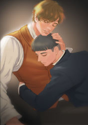 Rule 34 | 2boys, black hair, brown background, brown hair, closed eyes, credence barebone, fantastic beasts and where to find them, freckles, harry potter (series), hug, male focus, multiple boys, newt scamander, sitting, wizarding world, yaoi, yunzhi-zz