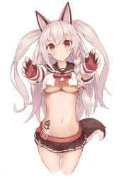 Rule 34 | 1girl, animal ears, azur lane, belt, blouse, bow, bowtie, braid, breasts, claw pose, cleavage, cowboy shot, crop top, crop top overhang, cropped legs, fake animal ears, fingerless gloves, gloves, goekawa, hair between eyes, head tilt, large breasts, long hair, looking at viewer, microskirt, midriff, miniskirt, multicolored nails, nail polish, navel, no bra, parted bangs, pleated skirt, reaching, reaching towards viewer, red bow, red bowtie, sailor collar, sailor shirt, school uniform, serafuku, shirt, side braid, silver hair, simple background, skirt, solo, standing, stomach tattoo, tail, tattoo, thick eyebrows, two side up, underboob, very long hair, white background, white shirt, yuudachi (azur lane)