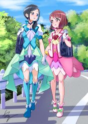 Rule 34 | 2girls, absurdres, artist name, bag, black hair, blue choker, blue dress, blue eyes, blue footwear, blue sky, blush, bob cut, boots, carrying, choker, cloud, cloudy sky, commentary request, commission, cure fontaine, cure grace, day, dress, forest, gloves, guard rail, hair ornament, hair over shoulder, hairclip, hanadera nodoka, healin&#039; good precure, highres, holding hands, interlocked fingers, knee boots, light frown, looking at another, low ponytail, magical girl, medium dress, medium hair, multiple girls, nature, open mouth, outdoors, partial commentary, pink choker, pink dress, pink eyes, pink footwear, precure, puffy short sleeves, puffy sleeves, road, sawaizumi chiyu, school bag, shadow, shoes, short hair, short sleeves, signature, skeb commission, sky, smile, standing, sweatdrop, swept bangs, tirofinire, walking, white gloves