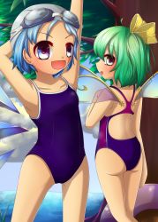 Rule 34 | 2girls, :d, :o, arms behind head, arms up, ass, blade of grass, blue eyes, blue hair, bow, cirno, cloud, cloudy sky, competition school swimsuit, competition swimsuit, daiyousei, day, fairy, fairy wings, goggles, goggles on head, green eyes, green hair, hair bow, highres, ice, ice wings, kakiikada, looking at viewer, looking back, multiple girls, one-piece swimsuit, open mouth, school swimsuit, shore, side ponytail, sky, smile, swim cap, swimsuit, touhou, tree, wings