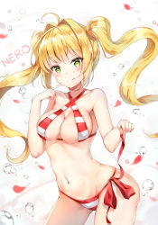 Rule 34 | 1girl, :p, ahoge, bikini, blonde hair, blush, breasts, character name, fate/grand order, fate (series), ginn (hzh770121), green eyes, hair intakes, halterneck, highres, long hair, looking at viewer, medium breasts, navel, nero claudius (fate), nero claudius (fate) (all), nero claudius (swimsuit caster) (fate), side-tie bikini bottom, solo, standing, striped bikini, striped clothes, swimsuit, tongue, tongue out, twintails