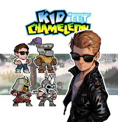 Rule 34 | 4boys, armor, ben fiquet, black jacket, brown hair, chibi, commentary, denim, hair slicked back, jacket, jeans, kid chameleon, kid chameleon (game), knight, leather, leather jacket, logo, looking at viewer, male focus, multiple boys, pants, samurai, shoes, sneakers, spiked helmet, sunglasses, tail