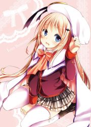 Rule 34 | 1girl, :d, blonde hair, blue eyes, cape, fang, hat, inui achu, little busters!, long hair, noumi kudryavka, open mouth, plaid, plaid skirt, school uniform, skirt, smile, solo, thighhighs