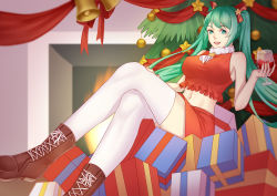Rule 34 | ang (6107939), aqua eyes, aqua hair, bell, boots, breasts, christmas, christmas ornaments, christmas tree, cross-laced footwear, crossed legs, cup, drinking glass, fireplace, gift, hatsune miku, highres, lace-up boots, large breasts, long hair, midriff, nail polish, navel, smile, thighhighs, thighs, twintails, vocaloid, wine glass