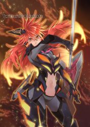 Rule 34 | 1girl, amou kanade, bodysuit, breasts, cleavage, commentary request, headphones, large breasts, link (aa30), long hair, navel, red eyes, red hair, senki zesshou symphogear, senki zesshou symphogear xd unlimited, solo, weapon