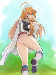 Rule 34 | 1girl, blue eyes, blush, breasts, clothes, clothes grab, female focus, gloves, happy, highres, huge breasts, long hair, looking back, open mouth, orange hair, panties, pecorine (princess connect!), princess connect!, smile, solo, starlightcool, underwear, white gloves, white panties