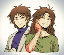 Rule 34 | 2boys, brown hair, chinese commentary, closed mouth, commentary request, dual persona, film grain, green shirt, grin, harada minoru, highres, lab coat, long hair, long sleeves, male focus, multiple boys, open clothes, parted bangs, purple sweater, red eyes, saibou shinkyoku, scar, scar on face, shirt, short hair, short sleeves, simple background, smile, sweat, sweater, turtleneck, turtleneck sweater, white background, zhainuxiuer