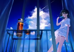 Rule 34 | 1girl, achiki, black hair, blue eyes, blue sky, blurry foreground, cloud, contrail, day, food, leaning back, open door, original, popsicle, shirt, short hair, shorts, sky, sliding doors, solo, t-shirt, wind