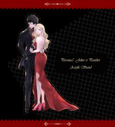 Rule 34 | 1boy, 1girl, ;), amamiya ren, backless dress, backless outfit, black-framed eyewear, black background, black footwear, black hair, black jacket, black pants, black shirt, blonde hair, blue eyes, character name, collared shirt, copyright name, couple, dress, evening gown, formal, full body, glasses, hair down, hand in pocket, hand on another&#039;s back, high heels, jacket, long dress, long hair, long sleeves, necktie, one eye closed, pants, parted lips, persona, persona 5, red dress, red neckwear, shirt, shoulder blades, side slit, sleeveless, sleeveless dress, smile, standing, swept bangs, takamaki anne, very long hair, wing collar, yolkyao