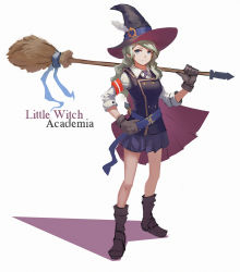 Rule 34 | 10s, 1girl, blue eyes, boots, broom, copyright name, diana cavendish, doren, green hair, hat, little witch academia, long hair, school uniform, simple background, solo, witch, witch hat