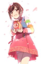 Rule 34 | 19 0v0, 1girl, alternate hairstyle, bag, blush, braid, brown eyes, brown hair, cowboy shot, d.va (overwatch), facial mark, from below, hair ornament, hanbok, happy, holding, korean clothes, long hair, long sleeves, looking at viewer, official alternate costume, open mouth, overwatch, overwatch 1, palanquin d.va, petals, pink skirt, pouch, rabbit hair ornament, shorts, shorts under skirt, simple background, skirt, smile, solo, striped, striped sleeves, traditional clothes, upskirt, whisker markings, white background, white shorts