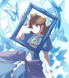 Rule 34 | 1girl, alternate color, blue dress, blue eyes, brooch, brown hair, bug, butterfly, clock, closed mouth, crown, dress, earrings, flipped hair, flower earrings, frown, gem, gloves, hand up, highres, holding, insect, jewelry, mario (series), medium hair, missou shiro, nintendo, outline, princess, princess daisy, puffy short sleeves, puffy sleeves, roman numeral, short sleeves, super mario land, super smash bros., white gloves, white outline