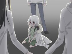 Rule 34 | 1girl, 3boys, accelerator (toaru majutsu no index), aged down, albino, backpack, bag, diagonal-striped jacket, expressionless, flashback, fur-trimmed jacket, fur trim, gradient background, green shirt, green shorts, highres, jacket, lab coat, multiple boys, muted color, official alternate costume, open mouth, pale skin, red eyes, shirt, short hair, shorts, sinin p, sitting, surrounded, toaru majutsu no index, wariza, white hair, white jacket