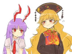 Rule 34 | 2girls, animal ears, black dress, blonde hair, blouse, blush, chinese clothes, dress, hands in opposite sleeves, heart, height difference, junko (touhou), long hair, long sleeves, multiple girls, necktie, pom pom (clothes), purple hair, rabbit ears, red eyes, red neckwear, reisen udongein inaba, ribbon, sasa kichi, shirt, short sleeves, simple background, smug, sweatdrop, tabard, touhou, upper body, very long hair, white background, white shirt, wide sleeves, yellow ribbon