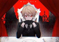 Rule 34 | 1boy, ascot, black ascot, black gloves, black jacket, blonde hair, chair, collared shirt, fence, fixer (vocaloid), fork, gloves, jacket, long sleeves, male focus, otorrio, plate, project sekai, red eyes, shirt, sitting, solo, song name, table, tenma tsukasa, white shirt