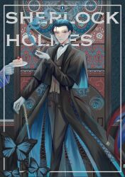 Rule 34 | 1boy, 1other, absurdres, black bow, black bowtie, black capelet, black coat, black hair, black pants, blue butterfly, blue eyes, bow, bowtie, bug, butterfly, cake, cane, capelet, character name, coat, fate/grand order, fate (series), food, formal, full body, gloves, hair slicked back, highres, holding, holding cane, holding smoking pipe, ichimichi 111, insect, long sleeves, looking at viewer, male focus, pants, sherlock holmes (fate), short hair, smile, smoking pipe, solo, suit, white gloves