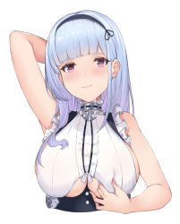 Rule 34 | 1girl, 3:, absurdres, arm behind head, arm up, armpits, azur lane, bare shoulders, black hairband, blunt bangs, blush, breasts, center frills, clothing cutout, cropped torso, dido (azur lane), frills, frown, hairband, highres, large breasts, long hair, looking at viewer, pak ce, purple eyes, shirt, silver hair, simple background, sleeveless, sleeveless shirt, solo, underboob, underboob cutout, upper body, white background, white shirt