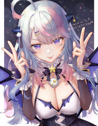 Rule 34 | 1girl, ahoge, black dress, breasts, cleavage, closed mouth, detached sleeves, double v, dress, facial mark, gradient hair, halterneck, hands up, highres, horns, indie virtual youtuber, large breasts, lf (paro), long hair, long sleeves, looking at viewer, multicolored hair, neck ribbon, purple eyes, ribbon, sleeveless, sleeveless dress, smile, solo, spaghetti strap, star-shaped pupils, star (symbol), symbol-shaped pupils, tongue, tongue out, two-tone hair, upper body, v, v-shaped eyebrows, virtual youtuber, white hair, wings, yumemi runo