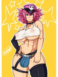 Rule 34 | 1futa, abs, alternate hair length, alternate hairstyle, artist name, belt, black gloves, black thighhighs, blue eyes, blue shorts, breasts, bulge, collar, contrapposto, covered erect nipples, crop top, cutoffs, denim, denim shorts, duo kawa, elbow gloves, final fight, fingerless gloves, futanari, gloves, hand on own hip, hat, huge breasts, huge nipples, impossible clothes, looking at viewer, micro shorts, midriff, navel, newhalf, no bra, peaked cap, pink hair, pockets visible, poison (final fight), purple hat, revealing clothes, short hair, shorts, single elbow glove, single fingerless glove, single thighhigh, solo, spiked hair, standing, stomach, street fighter, street fighter v, tank top, thick thighs, thigh strap, thighhighs, thighs, toned, underboob, yellow background