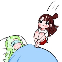 Rule 34 | 2girls, :&lt;, :i, bed, black eyes, blush, brown hair, chibi, closed mouth, diana cavendish, green hair, jumping, kagari atsuko, legs together, little witch academia, long hair, motion lines, multiple girls, on bed, pillow, red shorts, rey 2911, shirt, short shorts, short sleeves, shorts, simple background, sleep mask, sleeping, under covers, v-shaped eyebrows, white background, white shirt