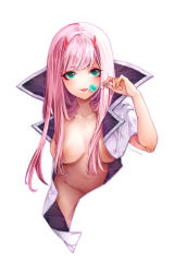 Rule 34 | 10s, 1girl, :p, artist name, bad id, bad pixiv id, breasts, candy, coat, collarbone, darling in the franxx, eyeshadow, food, green eyes, groin, hair censor, hair over breasts, hair over one breast, highres, holding, holding candy, holding food, holding lollipop, horns, large breasts, lollipop, long hair, looking at viewer, makeup, naked coat, navel, pink hair, signature, solo, sumisumii, tongue, tongue out, very long hair, white background, white coat, zero two (darling in the franxx)