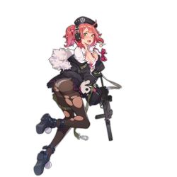Rule 34 | 1girl, ahoge, arm up, ass, beret, black footwear, black hat, black jacket, black pantyhose, black skirt, blush, boots, bow, bra, breasts, candy, cleavage, collar, collared shirt, damaged, food, from side, full body, fur, fur trim, girls&#039; frontline, gun, h&amp;k mp7, hair between eyes, hair ornament, hat, headphones, headwear request, holding, holding gun, holding weapon, jacket, legs, lollipop, long sleeves, looking at viewer, machine pistol, medium hair, mp7 (girls&#039; frontline), nail polish, official art, open mouth, panties, pantyhose, personal defense weapon, pink hair, ponytail, rainli, scope, shirt, skirt, solo, strap, submachine gun, suppressor, torn clothes, torn pantyhose, transparent background, underwear, weapon, white fur, white panties, white skirt, yellow eyes