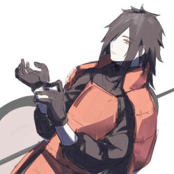 Rule 34 | 1boy, adjusting clothes, adjusting gloves, armor, black gloves, black hair, black robe, chinese commentary, closed mouth, dutch angle, expressionless, gloves, gunbai, hair over one eye, japanese armor, long hair, long sleeves, looking at viewer, male focus, naruto, naruto (series), orange eyes, robe, shoulder armor, simple background, solo, uchiha madara, upper body, war fan, weapon, weapon on back, white background, ylan tu