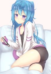 Rule 34 | 10s, 1boy, :/, ahoge, ass, bike shorts, blanket, blue hair, blush, cardigan, collarbone, hacka doll, hacka doll 3, handheld game console, highres, holding, indoors, long hair, long sleeves, looking at viewer, lying, male focus, on bed, on side, pillow, playstation vita, purple eyes, reinama, solo, trap
