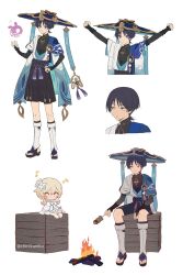 Rule 34 | 1boy, 1girl, arm armor, arm up, arms up, artist name, bare shoulders, belt, black belt, black bow, black footwear, black shirt, black shorts, blonde hair, blue gemstone, blue headwear, blue vest, blunt ends, boots, bow, box, chibi, chinikuniku, closed eyes, closed mouth, collarbone, commentary request, dated, detached sleeves, dress, feet, fingernails, fire, flower, flying sweatdrops, food, full body, gem, genshin impact, gold, grey dress, grey flower, grey footwear, grey socks, grey vest, hair between eyes, hair flower, hair ornament, hand on own hip, hand up, hands up, hat, highres, jewelry, jingasa, leaf, leaf hair ornament, long sleeves, looking at another, looking to the side, looking up, lumine (genshin impact), mandarin collar, musical note, necklace, no headwear, no mouth, official alternate costume, open clothes, open mouth, open vest, parted bangs, plate, pom pom (clothes), purple belt, purple eyes, purple hair, ring, sandals, scaramouche (genshin impact), shirt, short hair, short hair with long locks, short sleeves, shorts, sidelocks, simple background, sitting, sleeveless, sleeveless shirt, socks, standing, stick, teeth, toenails, toes, two-tone vest, upper body, v-shaped eyebrows, vest, vision (genshin impact), wanderer (genshin impact), watermark, white background, white socks, white vest