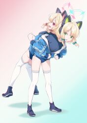 Rule 34 | 2girls, 40hara, animal ears, black shirt, blonde hair, blue archive, blue buruma, bow, buruma, cat ears, fake animal ears, gradient background, green bow, green eyes, hair bow, halo, highres, jacket, leaning forward, long sleeves, looking at another, looking at viewer, medium hair, midori (blue archive), momoi (blue archive), multiple girls, open clothes, open jacket, open mouth, partially unzipped, pink bow, shirt, simple background, smile, standing, stretching, track jacket