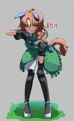 Rule 34 | 1girl, animal ears, bare shoulders, black gloves, black pantyhose, brown hair, closed mouth, commentary request, dress, ears down, frilled dress, frills, gloves, green dress, grey background, hair between eyes, highres, horse ears, horse girl, horse tail, jambujok, king halo (umamusume), korean commentary, korean text, leaning forward, off-shoulder dress, off shoulder, pantyhose, parted bangs, red eyes, shoes, short sleeves, simple background, sleeveless, sleeveless dress, solo, standing, sweat, tail, umamusume, white dress, white footwear