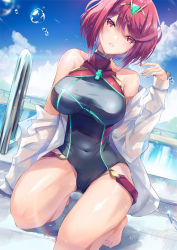 Rule 34 | 1girl, barefoot, black one-piece swimsuit, breasts, commentary request, competition swimsuit, covered navel, gem, inoue takuya (tactactak), jewelry, kneeling, large breasts, looking at viewer, on one knee, one-piece swimsuit, outdoors, pool, pyra (pro swimmer) (xenoblade), pyra (xenoblade), red eyes, red hair, red one-piece swimsuit, short hair, solo, swimsuit, two-tone swimsuit, xenoblade chronicles (series), xenoblade chronicles 2