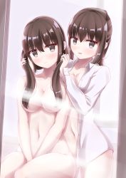 Rule 34 | 2girls, adjusting hair, blush, brown hair, convenient censoring, hair censor, highres, kamakama (kdmorh kamakama), light censor, looking at another, multiple girls, navel, nude, open clothes, open mouth, ponytail, shirt, smile, white shirt, yuri
