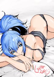 Rule 34 | 1girl, absurdres, ass, bed sheet, blue hair, breast press, breasts, butt crack, cleavage, crossed arms, highres, kurogane naoto (churushiko), large breasts, leona heidern, lying, on stomach, pillow, ponytail, signature, sleeveless, solo, the king of fighters, underwear