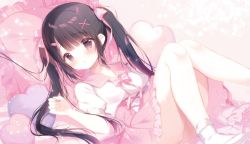 Rule 34 | 1girl, :o, black hair, blush, bobby socks, bow, breasts, brown eyes, collarbone, commentary, feet out of frame, frilled pillow, frilled skirt, frills, hair bow, hair ornament, hairclip, hand up, heart, knees together feet apart, knees up, long hair, looking at viewer, lying, no shoes, on back, original, parted lips, pillow, pink bow, pink sailor collar, pink skirt, puffy short sleeves, puffy sleeves, sailor collar, shiratama (shiratamaco), shirt, short sleeves, skirt, small breasts, socks, solo, symbol-only commentary, twintails, very long hair, white shirt, white socks, x hair ornament