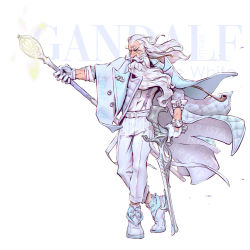 Rule 34 | 1boy, absurdres, adapted costume, ankle boots, artist name, beard, boots, brahim bensehoul, cane, character name, coat, dual wielding, facial hair, full body, gandalf, gloves, highres, holding, holding staff, jacket, jacket on shoulders, jewelry, long beard, long hair, male focus, muscular, muscular male, old, old man, pants, pendant, ring, shirt, sleeves pushed up, solo, staff, the lord of the rings, the one ring, tolkien&#039;s legendarium, tolkien's legendarium, very long beard, watch, white background, white coat, white footwear, white gloves, white hair, white pants, white shirt, wizard, wrinkled skin, wristwatch