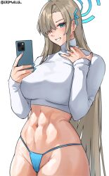 Rule 34 | 1girl, :d, abs, absurdres, asuna (blue archive), bikini, bikini bottom only, blue archive, blue bikini, blue eyes, blue nails, blush, breasts, brown hair, cameltoe, cellphone, cowboy shot, cromwellb, crop top, fingernails, grin, hair over one eye, halo, highres, large breasts, long fingernails, long hair, long sleeves, looking at viewer, nail polish, navel, open mouth, parted lips, phone, shirt, smartphone, smile, solo, stomach, swimsuit, toned, twitter username, very long hair, white shirt
