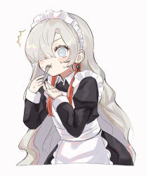 Rule 34 | 1girl, ^^^, alternate costume, apron, black dress, blue eyes, blush stickers, collared dress, dress, eating, enmaided, food, fork, frilled apron, frills, grey background, grey hair, hair over one eye, highres, holding, holding fork, isekai joucho, juliet sleeves, kamitsubaki studio, long hair, long sleeves, looking at viewer, maid, maid apron, maid headdress, noodles, puffy sleeves, rice (okome no naru ki), simple background, solo, sweat, very long hair, virtual youtuber, white apron