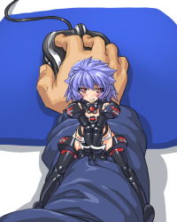 Rule 34 | 10s, 1girl, altines, bad id, bad pixiv id, black thighhighs, blush, busou shinki, dd (ijigendd), doll joints, grin, hair down, joints, looking at viewer, mini person, minigirl, mouse (computer), mousepad, mousepad (object), pink eyes, purple hair, short hair, sitting, smile, solo, sweatdrop, thighhighs, v arms