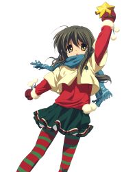 Rule 34 | 00s, brown eyes, clannad, green pantyhose, highres, ibuki fuuko, long hair, mittens, pantyhose, red pantyhose, scarf, silver hair, solo, striped clothes, striped pantyhose, thighhighs, transparent background